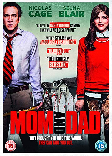 DVD cover for "Mom and Dad" starring Nicolas Cage and Selma Blair.