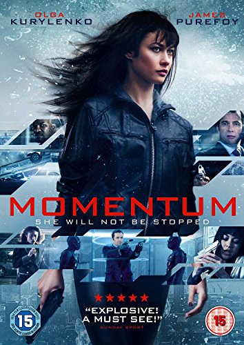 DVD cover for "Momentum" featuring a woman in a black leather jacket holding a gun.