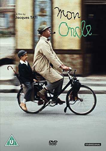 “Mon Oncle” DVD cover: man and boy on a bicycle, vintage style.