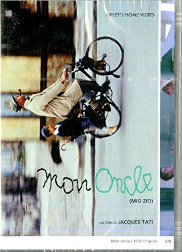 DVD cover for Mon Oncle showing a man riding a bicycle with a child.