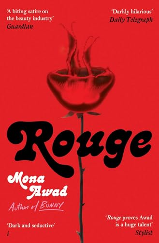 Red book cover with a burning rose and text reading "Rouge" and "Mona Awad".