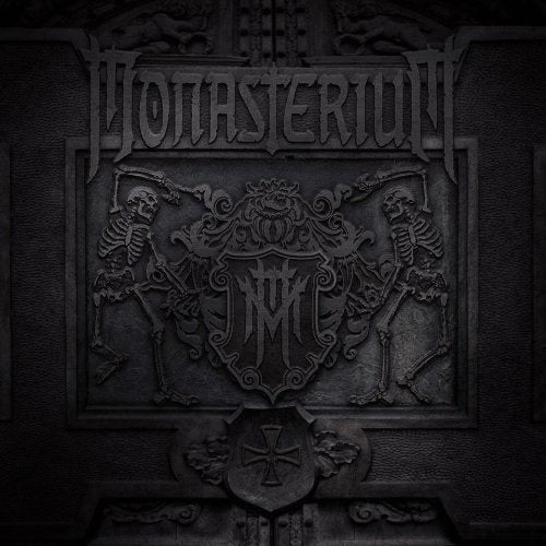 Dark gray vinyl album cover with embossed skeletons, crest, and "Monasterium" title.