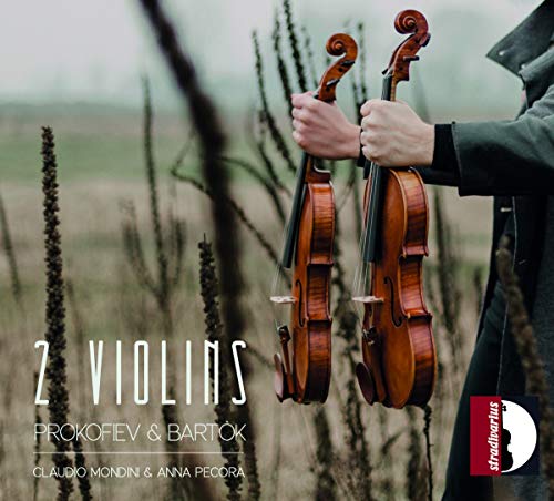 "Person holding two violins, with text and logo on a field background."