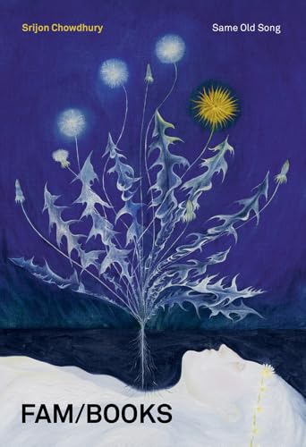 Book cover: dandelions and a reclining figure on dark blue.