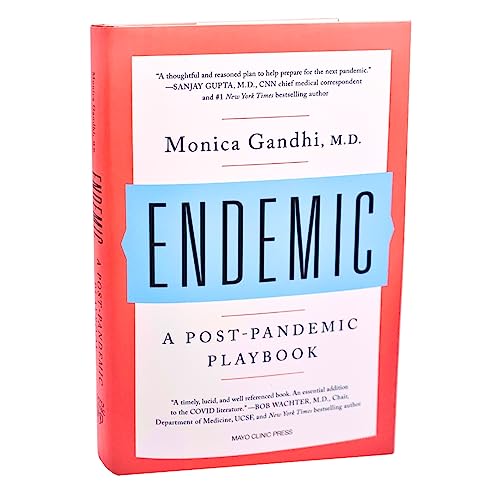 Red book cover with white text: "ENDEMIC: A Post-Pandemic Playbook" by Monica Gandhi.