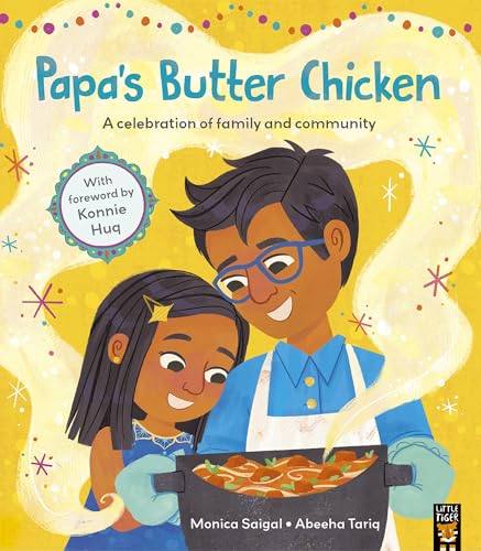 Book cover: father and daughter cooking butter chicken, illustrated style.