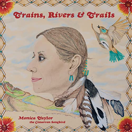 Album cover: woman’s profile, bird, landscape, and floral border design.