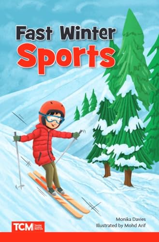 Child in red skiing downhill with snow-covered trees in background.