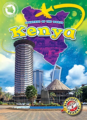 Book cover for "Kenya" featuring landmarks, a map, and an airplane.