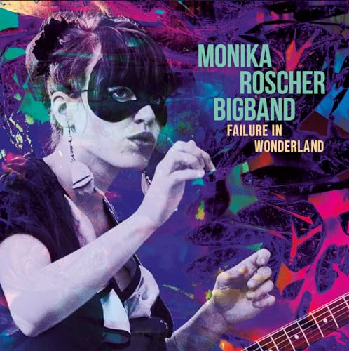 Album cover: woman with mask, guitar, and colorful abstract background.