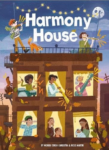 Children playing musical instruments on the roof and in windows of a building.