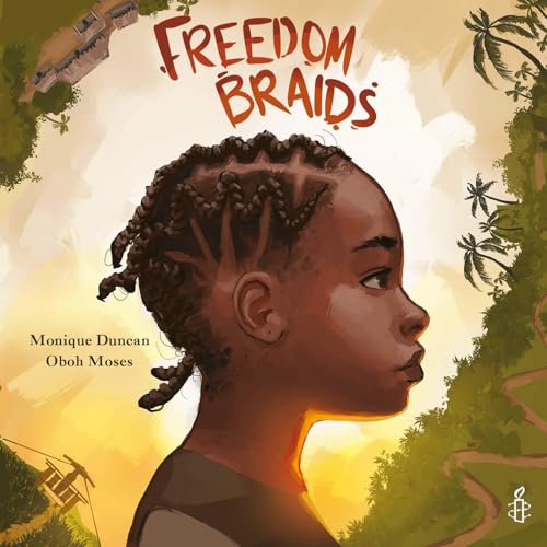 Illustration of a young Black girl with intricate braids against a sunset landscape background.