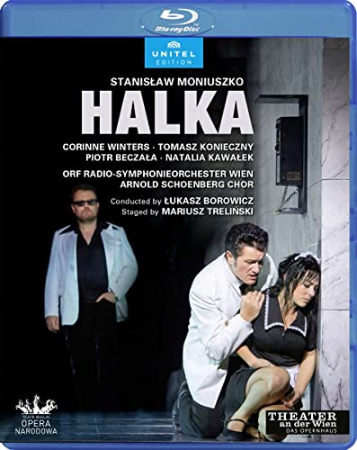 Blu-ray cover for Moniuszko's Halka featuring three opera singers in a dramatic scene.