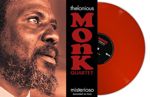 Thelonious Monk portrait with red vinyl record of his album, Misterioso.