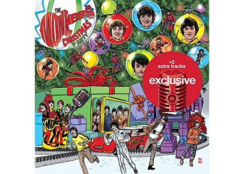 Illustrated album cover featuring The Monkees amidst Christmas decorations, gifts, and a toy train.