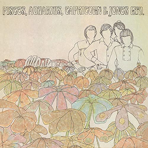 The Monkees album cover with sketched band members among flowers.