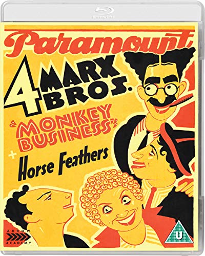"Blu-ray case with cartoon cover art featuring four men and 'Paramount' and '4 Marx Bros'."