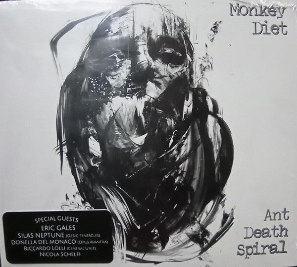 CD cover for Monkey Diet’s “Ant Death Spiral” with abstract black and white art.