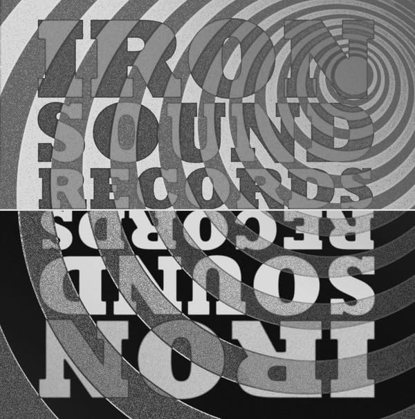 Black and white spiral design with layered, distorted text reading “Iron Sounds Records.”