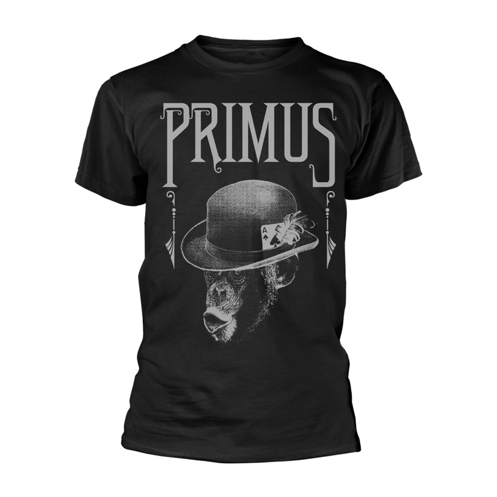 Black t-shirt with a graphic of a monkey wearing a hat.