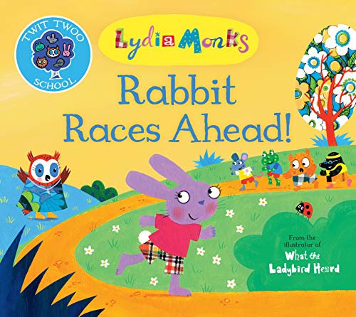 Book cover: purple rabbit running with animal friends in a field.