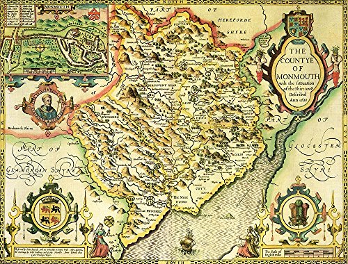 1610 map of Monmouthshire, England, with decorative borders and figures.