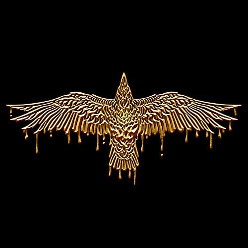 Golden raven with dripping details against a black background.