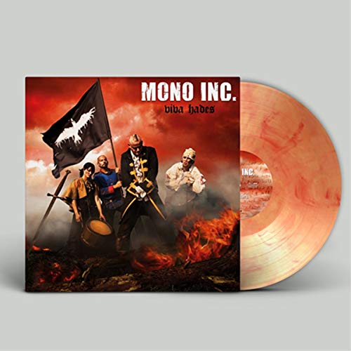 Album cover for Mono Inc. Viva Hades next to an orange transparent vinyl record.