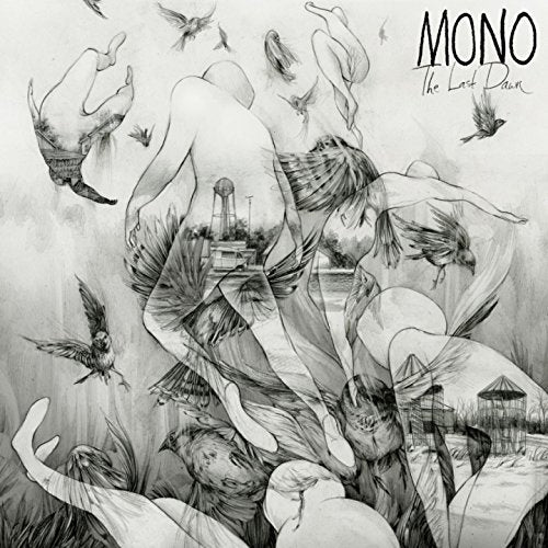 Black and white album cover with figures, birds, and a distant landscape.