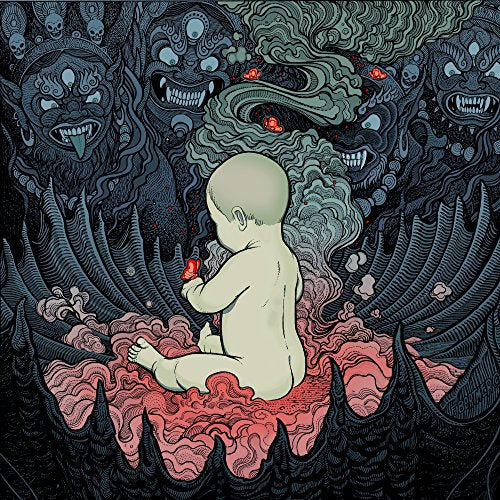 Illustration of a baby surrounded by dark, monstrous figures and red swirls.