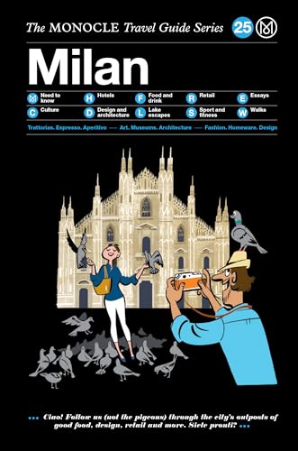 Milan travel guide cover with illustrated cathedral, people, and pigeons.