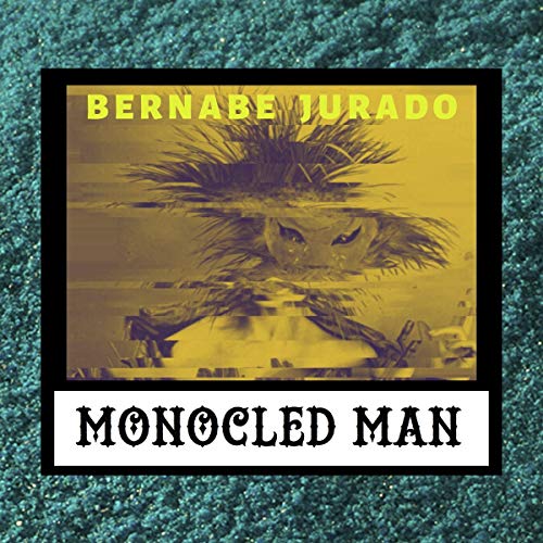 "Album cover with distorted man's face, yellow and black, on a teal background."