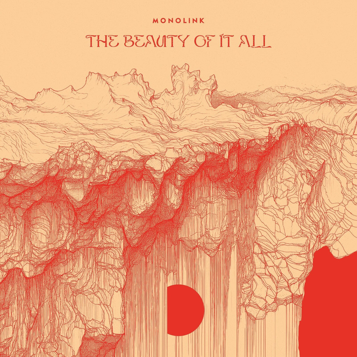 Monolink album cover: detailed red line art of mountains and a sun.