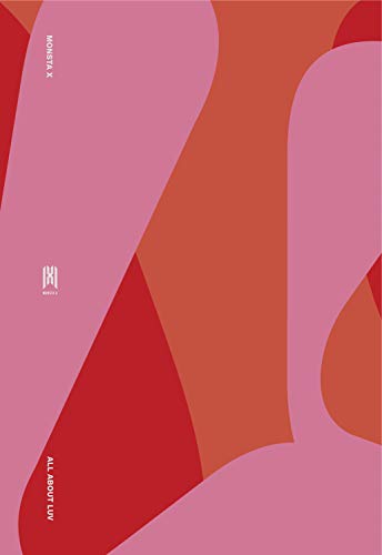 Abstract pink and orange shapes on a CD cover with Monsta X branding.