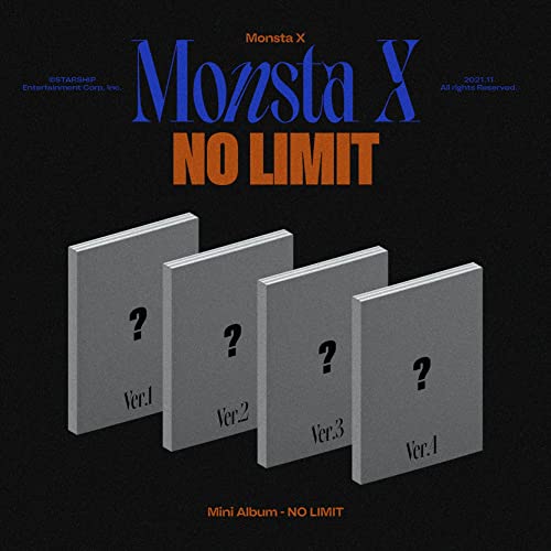 Monsta X “No Limit” album cover with four gray book-like cases.
