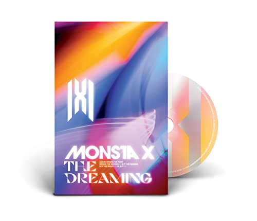 Monsta X album cover with CD, abstract colorful design and logo.