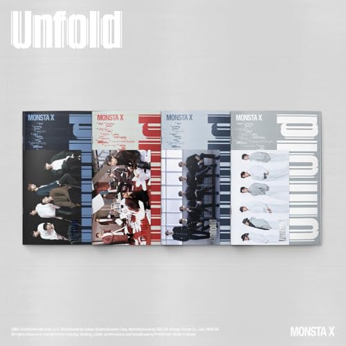 Monsta X "Unfold" album cover featuring group photos and text.