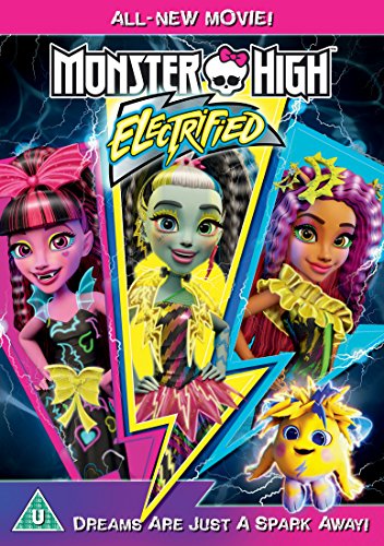 Monster High Electrified DVD cover featuring three animated characters and a small yellow creature.