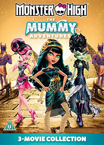 Monster High DVD cover featuring three characters in front of pyramids, titled "The Mummy Adventures".