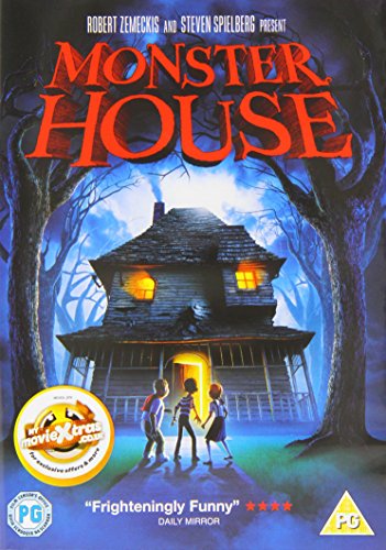 DVD cover art for Monster House showing three children standing before a spooky house.