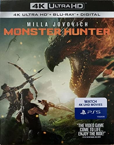 Monster Hunter" Blu-ray cover featuring Milla Jovovich and a large monster.