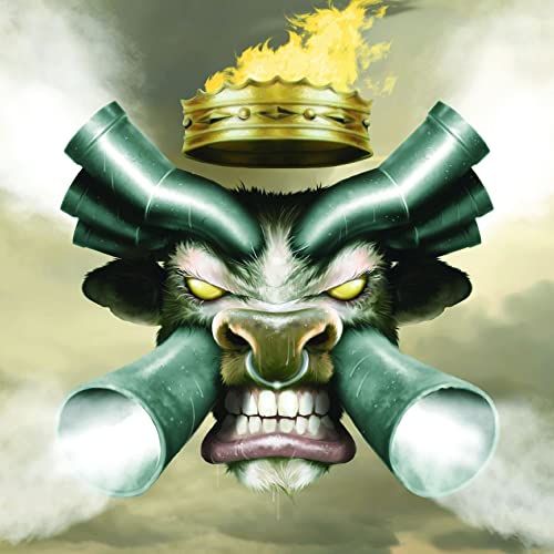 Animal head with horns, crown, and glowing eyes against a cloudy sky.