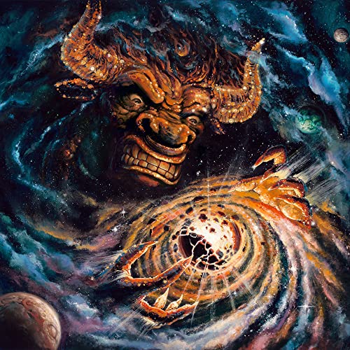 Cosmic painting of a monstrous bull face and a swirling vortex.