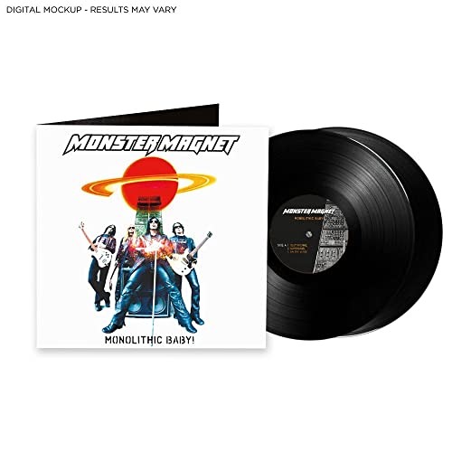 Monster Magnet’s “Monolithic Baby!” vinyl record with band illustration and planetary design.