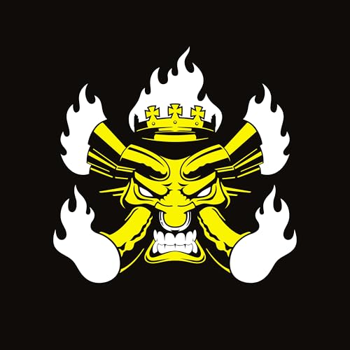 Yellow monster face with flames and a crown on black background.