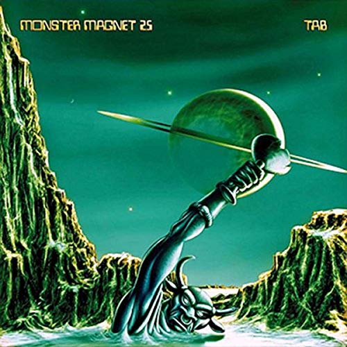 Surreal green landscape with a horned figure emerging from water holding a ringed planet.