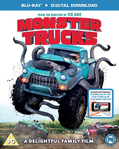 "Blu-ray case for 'Monster Trucks' with a green monster truck on the cover."