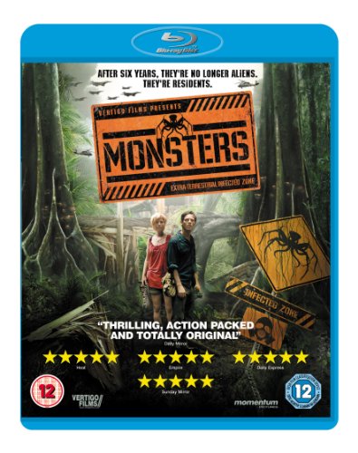 Blu-ray cover for the film Monsters featuring a couple in a jungle setting.