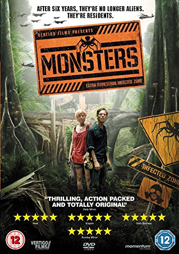 DVD cover for "Monsters" featuring a man and woman in a jungle with alien creatures.