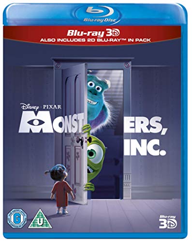 Monsters, Inc." Blu-ray cover featuring Sully, Mike, and Boo by a door.